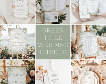 May include: A wedding stationery bundle featuring white paper with green toile floral borders. Includes a Save the Date, invitation, RSVP card, bridal party details, seating chart, welcome sign, cards and gifts sign, thank you tag, and menu card.