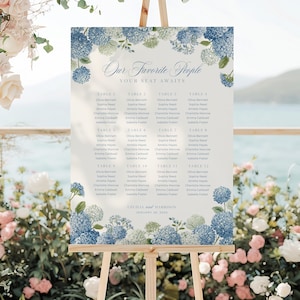May include: A wedding seating chart on an easel. The sign features a floral design with blue hydrangeas and text that reads "Our Favorite People, Your Seat Awaits." The names are listed under table numbers.