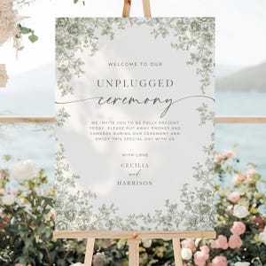 Peut inclure: Panneau de mariage sur chevalet avec le texte "Welcome to our Unplugged Ceremony". Le panneau est décoré d'éléments floraux et des noms Cecilia et Harrison. Le panneau est entouré de fleurs.