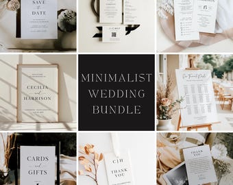 May include: A collection of minimalist wedding stationery, including save-the-date cards, RSVP cards, seating charts, and thank you tags. The designs feature elegant typography and a clean, modern aesthetic. The text includes the names Cecilia and Harrison.