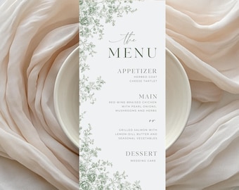 Green Toile Wedding Menu | Sage Chinoiserie Reception Dinner Menu | Vintage Floral Menu Card | Printable Toile de Jouy Canva Template | C4