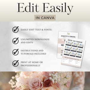May include: A digital product advertisement with the text "Edit Easily" and "In Canva." Features include easily editable text and fonts, unlimited downloads, instructions, and professional printing options. Includes a floral background.