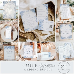 Dusty Blue Toile Wedding Bundle: French Rose Chinoiserie Invitation Set (Editable Canva Template) C1