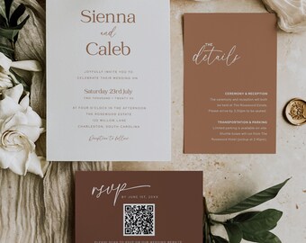 May include: Elegant wedding invitation suite featuring three cards. The main invitation is white with brown text announcing the couple's names and wedding details. A details card and RSVP card with a QR code are also included.