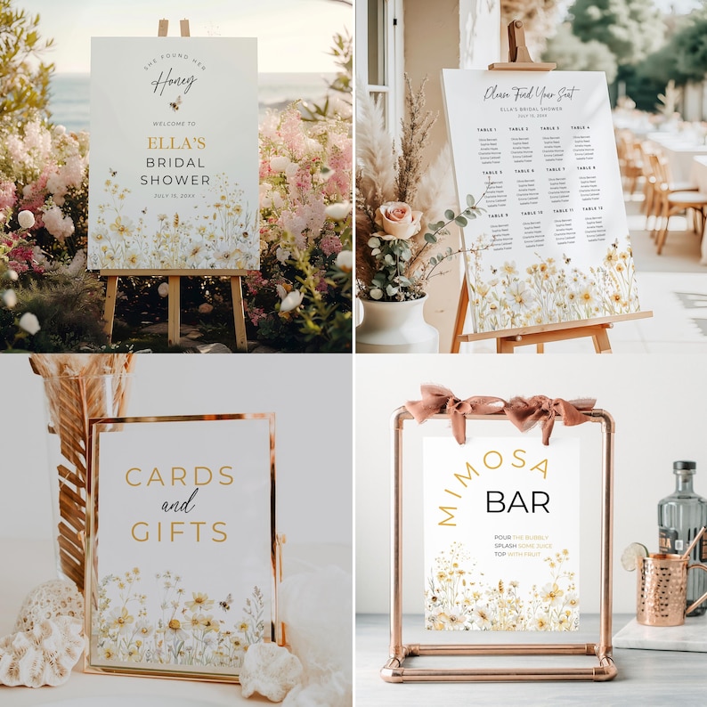 May include: Four signs with floral and bee accents for a bridal shower. One sign reads "She Found Her Honey" and "Ella's Bridal Shower." Another says "Please Find Your Seat." The other two say "Cards and Gifts" and "Mimosa Bar."