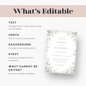 Peut inclure: Une invitation de mariage avec les noms "Cecilia et Harrison" dans une &eacute;criture &eacute;l&eacute;gante, entour&eacute;e d'une bordure florale. Le texte "What's Editable" est en haut, avec des options pour le texte, les polices, l'arri&egrave;re-plan et l'&eacute;v&eacute;nement.