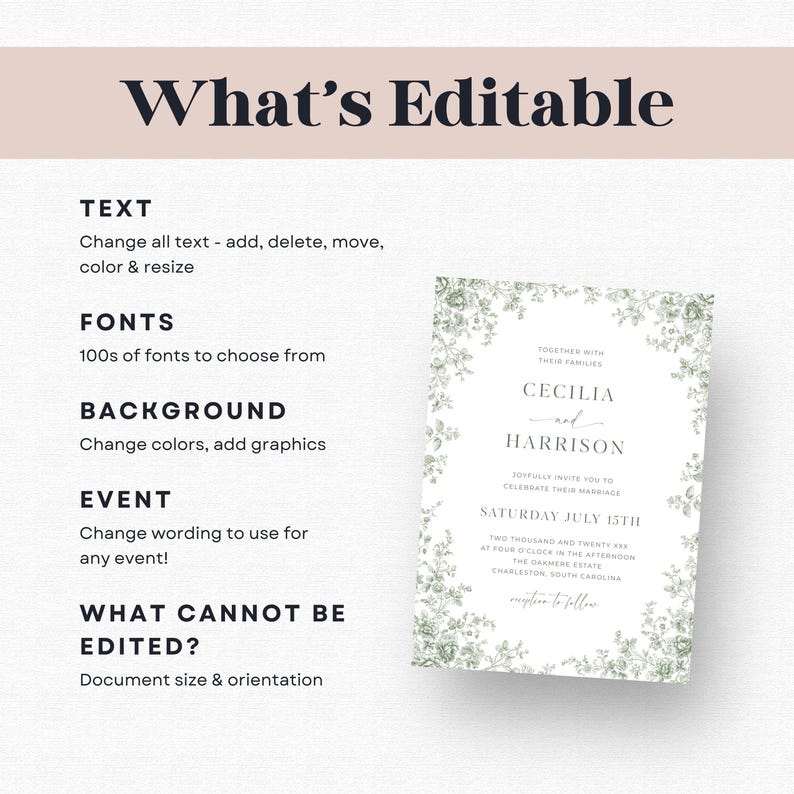 Peut inclure: Une invitation de mariage avec les noms "Cecilia et Harrison" dans une &eacute;criture &eacute;l&eacute;gante, entour&eacute;e d'une bordure florale. Le texte "What's Editable" est en haut, avec des options pour le texte, les polices, l'arri&egrave;re-plan et l'&eacute;v&eacute;nement.