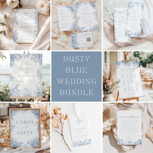 May include: A wedding stationery bundle featuring white paper cards with blue floral illustrations. The set includes a Save the Date, RSVP card, bridal party details, welcome sign, seating chart, cards and gifts sign, and thank you tags with text.