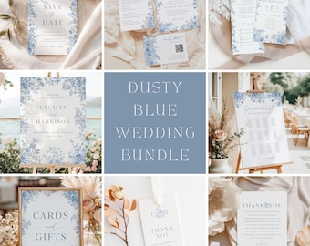 Dusty Blue Toile Wedding Bundle | French Rose Chinoiserie Invitation Set | Vintage Floral RSVP Invite Suite | Editable Canva Template | C1