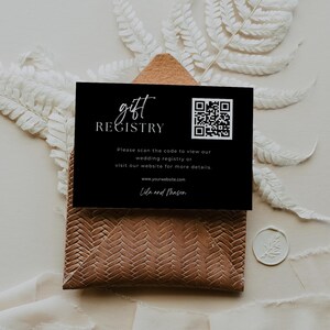 Minimalistische cadeauregistratiekaart met QR-code, moderne bruiloft invoegsjabloon, QR-coderegister voor pasgetrouwden, bijsluitkaart uitnodiging