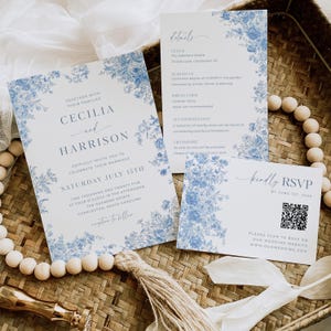 Toile Wedding Invitation Suite with Qr Code, Dusty Blue Toile de Jouy Invite Bundle, Vintage Floral RSVP Set, Printable Canva Template, C1