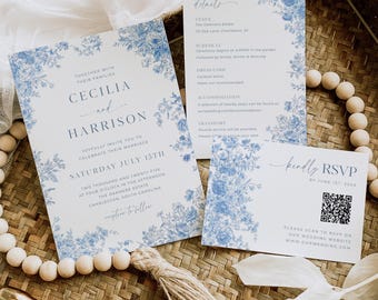 Toile Wedding Invitation Suite with Qr Code, Dusty Blue Toile de Jouy Invite Bundle, Vintage Floral RSVP Set, Printable Canva Template, C1