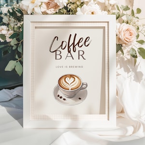 Placa de cafeteria, modelo de chá de panela Love is Brewing, placa de mesa com tema de café editável, festa de noivado para amantes de café, sinalização para impressão