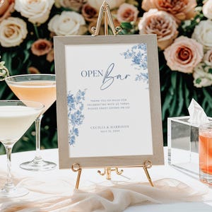 Toile Wedding Open Bar Sign Template, Dusty Blue Chinoiserie Bar Menu, Traditional Floral Drink Signage, Vintage French Roses Signage, C1