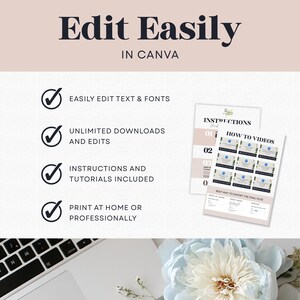 Peut inclure: Publicit&eacute; pour un produit num&eacute;rique avec le texte "Edit Easily in Canva". L'image met en &eacute;vidence des fonctionnalit&eacute;s telles que l'&eacute;dition facile du texte et des polices, des t&eacute;l&eacute;chargements illimit&eacute;s et des instructions.
