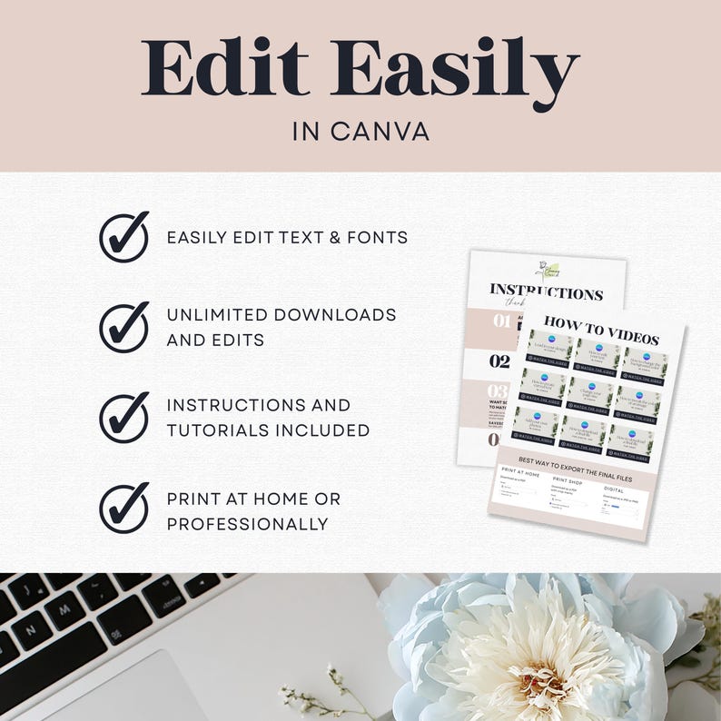 Peut inclure: Publicit&eacute; pour un produit num&eacute;rique avec le texte "Edit Easily in Canva". L'image met en &eacute;vidence des fonctionnalit&eacute;s telles que l'&eacute;dition facile du texte et des polices, des t&eacute;l&eacute;chargements illimit&eacute;s et des instructions.