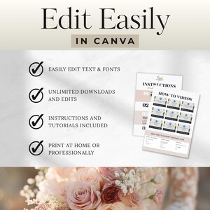 Peut inclure: Image promotionnelle avec le texte "Edit Easily in Canva". Il met en &eacute;vidence des fonctionnalit&eacute;s telles que l'&eacute;dition facile du texte et des polices, des t&eacute;l&eacute;chargements illimit&eacute;s, des instructions et des options d'impression. Un bouquet de fleurs est en bas.
