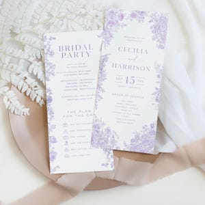 May include: Two white wedding programs with purple floral designs. One program reads "Bridal Party" and lists names. The other says "Welcome to the Wedding of Cecilia and Harrison" with the date 15th July.