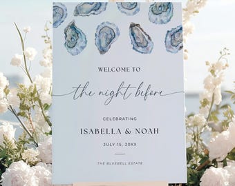 Rehearsal Dinner Welcome Sign Nautical, Oyster Night Before Wedding Poster, Coastal Canva Template, Editable Beach Theme Reception Sign, IS2
