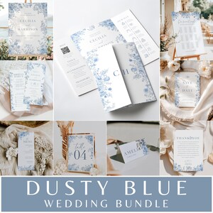 May include: A collection of dusty blue wedding stationery, including invitations, menus, and signage. Floral designs in blue and white adorn the various cards and displays. The text "DUSTY BLUE WEDDING BUNDLE" is displayed at the bottom.