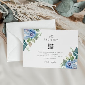 Registerkaart blauwe hortensia met QR-code, bewerkbare sjabloon voor bloemenbruiloft, modern QR-coderegister, bijsluitkaart uitnodiging, J01