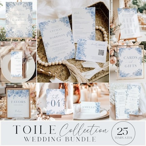 Dusty Blue Toile Wedding Bundle: French Rose Chinoiserie Invitation Set (Editable Canva Template) C1