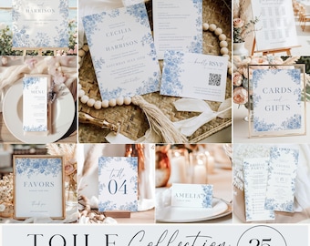 Dusty Blue Toile Wedding Bundle: French Rose Chinoiserie Invitation Set (Editable Canva Template) C1