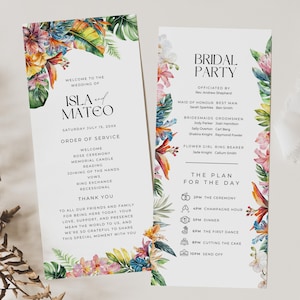 Pode incluir: Conjunto de papelaria de casamento com desenhos florais tropicais. O convite inclui os nomes "Isla e Mateo" e a data "Sábado, 15 de julho de 20XX". A ordem da cerimónia e os detalhes da festa de casamento também estão incluídos, com um programa do dia.