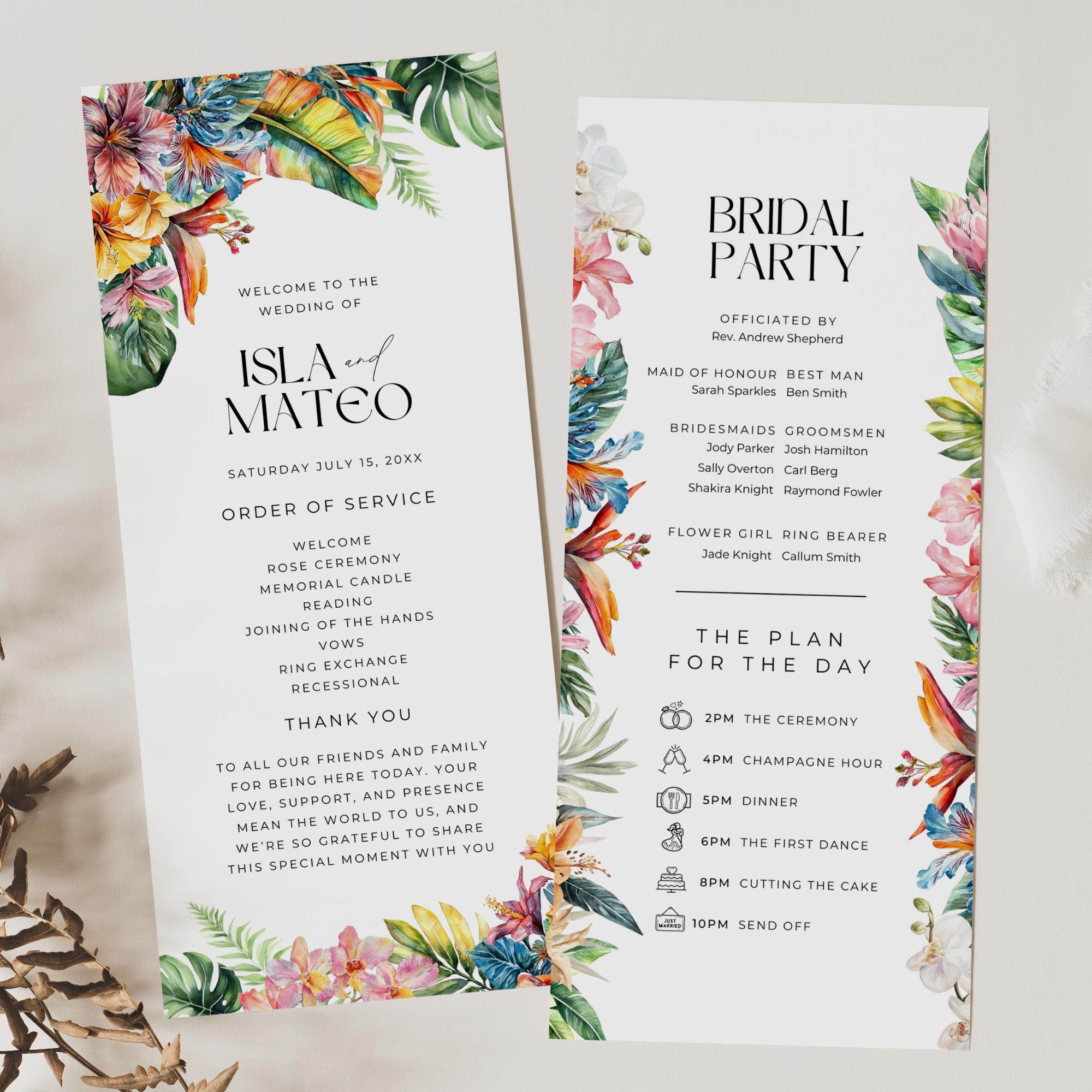 Tropical Floral Wedding Program Template: Beach Ceremony Itinerary ...