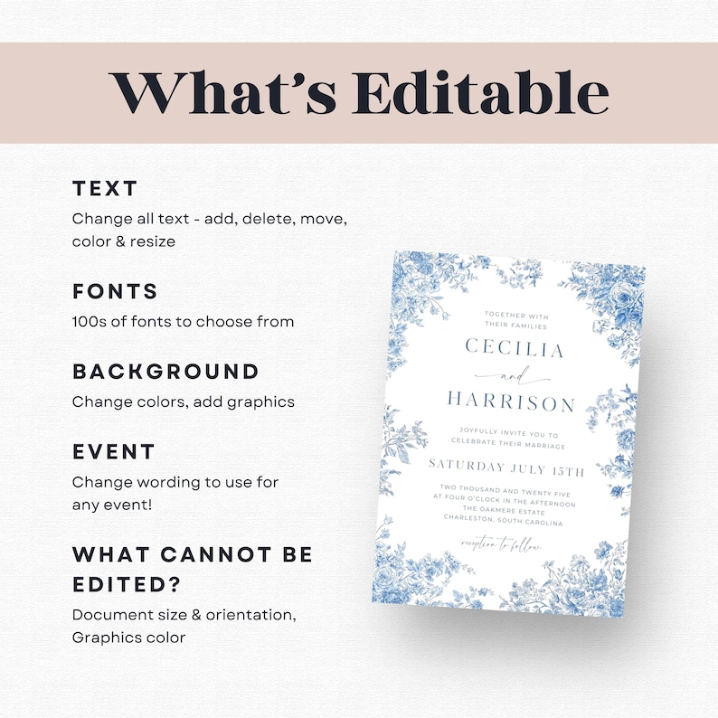 Op de afbeelding: Een trouwkaart met een blauw bloemmotief. De kaart bevat de namen "Cecilia en Harrison" en evenementdetails. De tekst "What's Editable" staat bovenaan, met opties voor tekst, lettertypen, achtergrond en evenement.