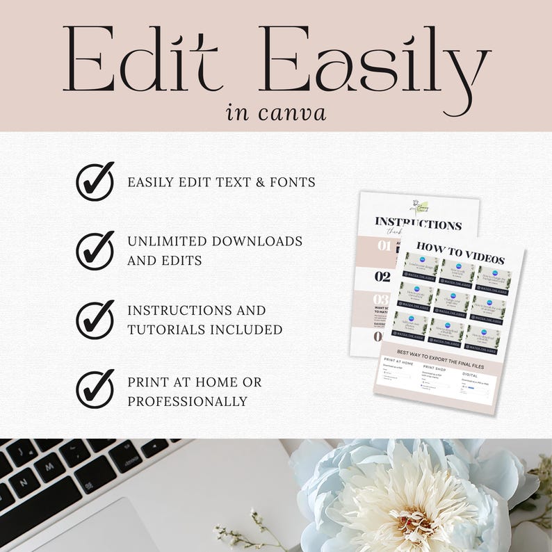 May include: A digital product advertisement with the text "Edit Easily in Canva." Features include easy text and font editing, unlimited downloads, instructions, tutorials, and print options. Includes a laptop and flower.
