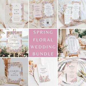 Könnte beinhalten: Eine Sammlung von Hochzeitsbriefpapier mit Frühlingsblumen, darunter Einladungen, RSVP-Karten und Schilder. Die Designs zeigen zarte Blumenränder in Pastellfarben mit Texten wie "Save the Date" und "Karten und Geschenke".
