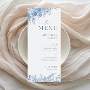 Toile Wedding Menu Template, Dusty Blue Dinner Menu, Vintage Floral Chinoiserie Menu, Victorian Table Menu, French Blue Menu Printable, C1