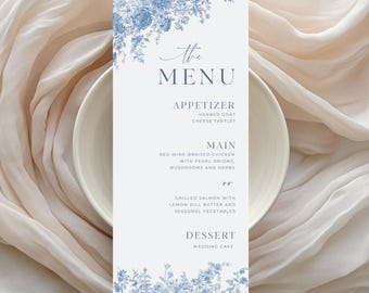 Dusty Blue Toile Wedding Menu Template: Vintage Chinoiserie Floral (Printable Canva Template 4x9") C1