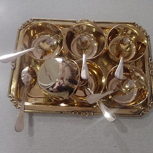 Indian handmade Handcrafted Emboss Brass Serving Platter Carved Bowl and Spoon, Decorative Tray for Serving Snacks, Ideal Gift for Hosts