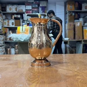 Handcrafted Copper Water Jug Pitcher with Brass Handle: Traditional Indian Vessel