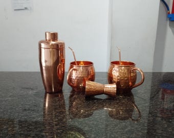 Copper Bar Set, Mugs, Shaker, Dispenser, Straws, Cocktail Entertaining