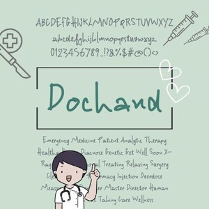 Op de afbeelding: Een groene en witte illustratie van het woord "Dochand" in een handschriftlijk lettertype. Het woord is omgeven door een zwart vierkant frame. De achtergrond is lichtgroen. De afbeelding bevat ook verschillende medische woorden en symbolen, waaronder een stethoscoop, een spuit, een scalpel en een hart.