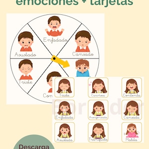 Rueda identificación de emociones niños. Plantilla imprimible con tarjetas emociones. Para colgar o para recortar.