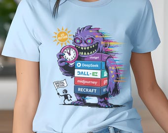 May include: A light blue t-shirt with a pixelated monster holding a clock and a stack of boxes. The boxes are labeled with the names of popular AI tools, including DeepSeek, DALL-E, Midjourney, and Recraft. The monster is surrounded by a colorful, pixelated background. The shirt also features a small figure holding a sign that says "Digital Detox" and a sun with the words "Go Outside".