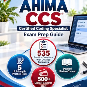 Puede incluir: La guía de preparación para el examen AHIMA CCS Certified Coding Specialist edición 2026-2027 incluye 535 preguntas de práctica con explicaciones, 5 exámenes completos, más de 500 tarjetas digitales Anki y contenido de repaso detallado.