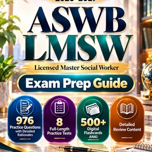 Puede incluir: Una guía de preparación para el examen ASWB LMSW Licensed Master Social Worker para 2026-2027. La portada presenta texto que detalla 976 preguntas de práctica, 8 exámenes completos, 500+ tarjetas digitales Anki y contenido detallado.