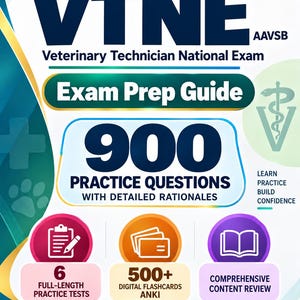 Peut inclure: Un guide de préparation à l'examen VTNE 2026-2027 pour techniciens vétérinaires, incluant 900 questions d'entraînement, 6 tests complets, plus de 500 cartes mémoire numériques Anki et une révision complète du contenu, sur fond bleu et blanc.