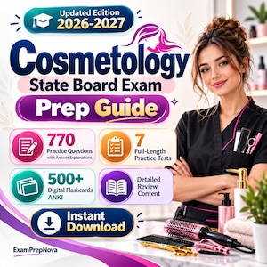 May include: A Cosmetology State Board Exam Prep Guide for 2026-2027 featuring 770 practice questions, 7 full-length practice tests, 500+ digital Anki flashcards, and detailed review content. The cover includes an instant download icon.