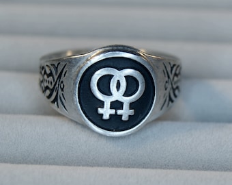 Anillo Orgullo Lésbico - Doble Símbolo Femenino - Gay Bisexual LGBTQ+ Amor No Binario Arcoíris Mismo Sexo RM100