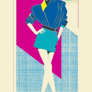 May include: Illustration of a person in a blue jacket with a yellow collar, teal skirt, and sunglasses. The background features a pink triangle and a blue patterned square, with a cream-colored backdrop. The person is wearing blue and pink heels.