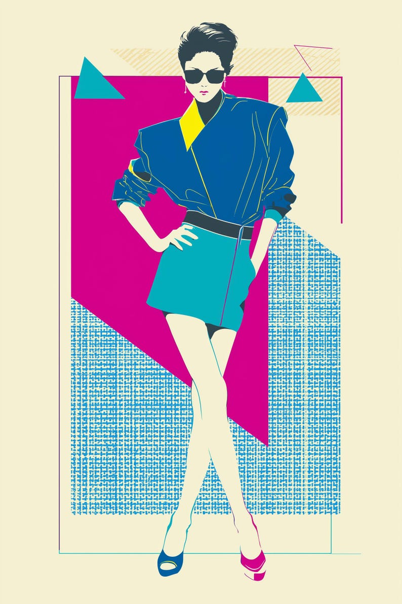 May include: Illustration of a person in a blue jacket with a yellow collar, teal skirt, and sunglasses. The background features a pink triangle and a blue patterned square, with a cream-colored backdrop. The person is wearing blue and pink heels.