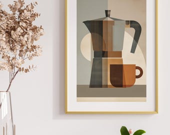 Coffee Art Poster with Bialetti Espresso Maker | Retro Modern Kitchen Art | Bar & Coffee Wall Print | Mid-Century Style