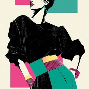 May include: Illustration of a woman in a black top and teal skirt with a pink and yellow belt. The woman has black hair and pink lipstick. She is wearing teal earrings and a pink and purple bracelet. The background has pink and teal rectangles.