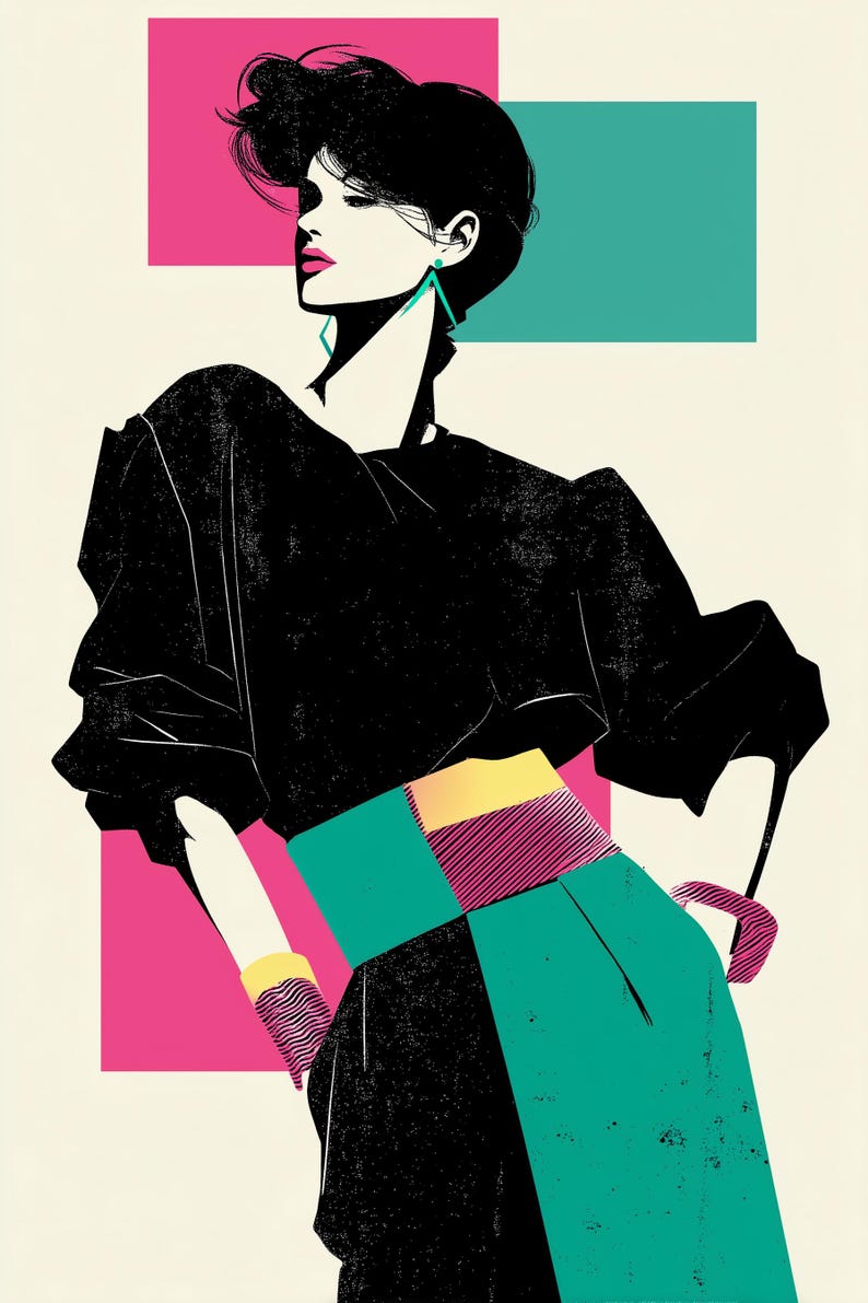 May include: Illustration of a woman in a black top and teal skirt with a pink and yellow belt. The woman has black hair and pink lipstick. She is wearing teal earrings and a pink and purple bracelet. The background has pink and teal rectangles.